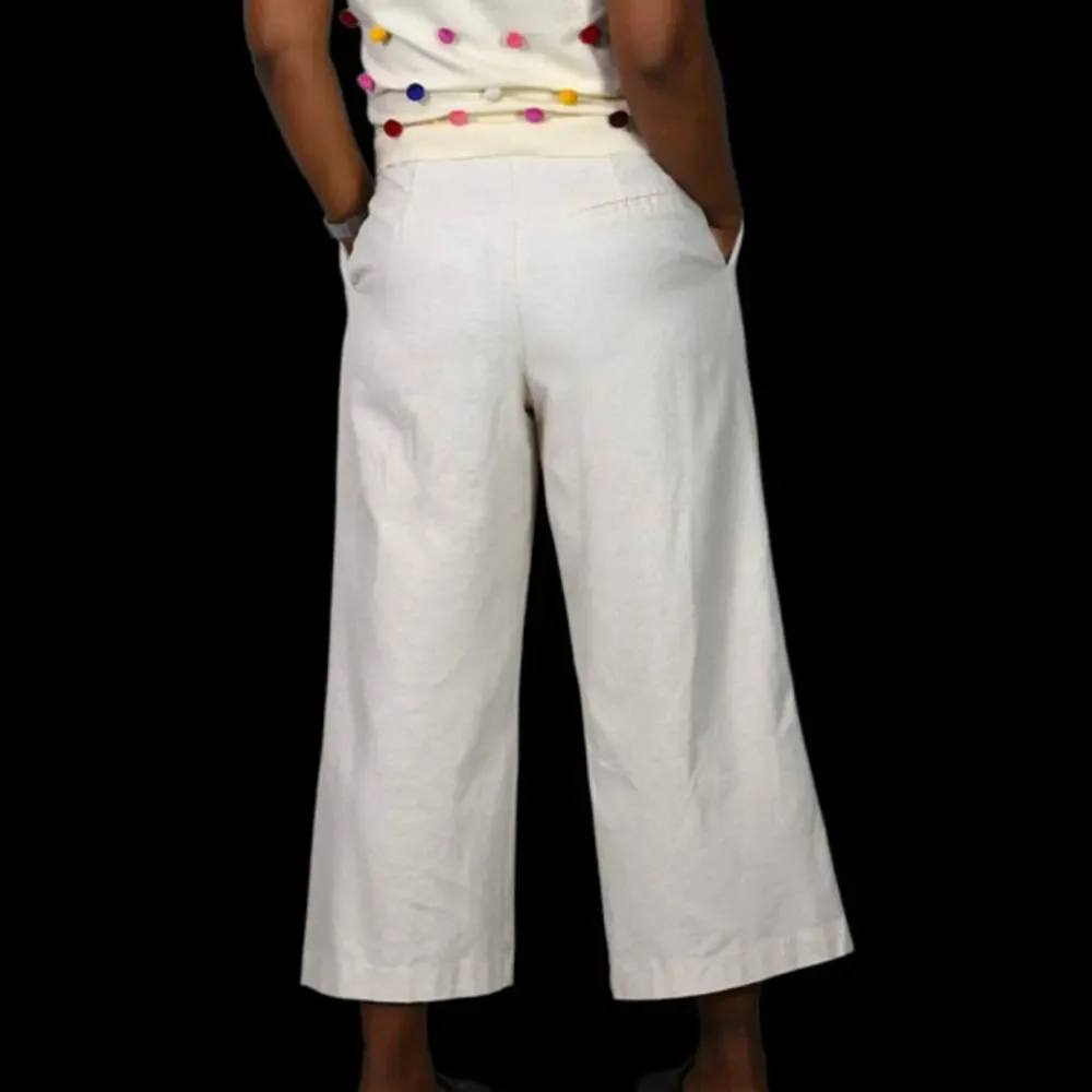 Zara Wide Leg Crop Pants Beige Linen Trouser Pleat Front High Waist Cotton Small